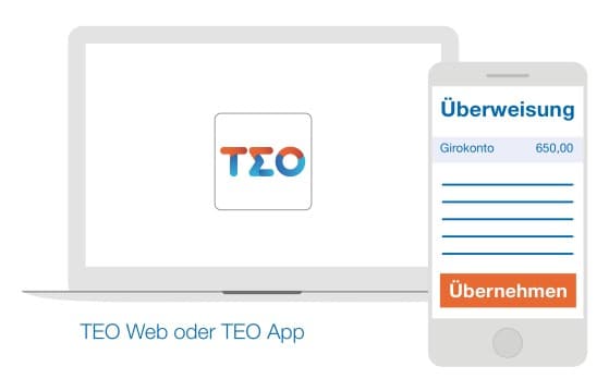 Nutzen Sie TEO Web auf Ihrem laptop oder TEO App auf Ihrem mobilen Endgerät.